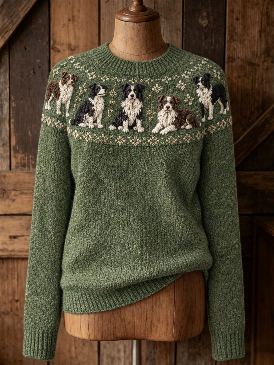 Women's Vintage Farm Border Collie Dogs Yoke Isle Print crew neck sweater