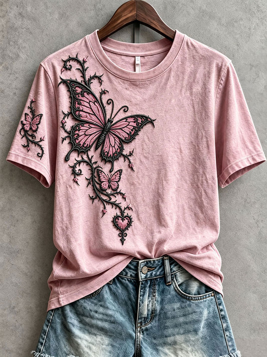 Women's Gothic-Style Breast Cancer Awareness Butterfly T-Shirts