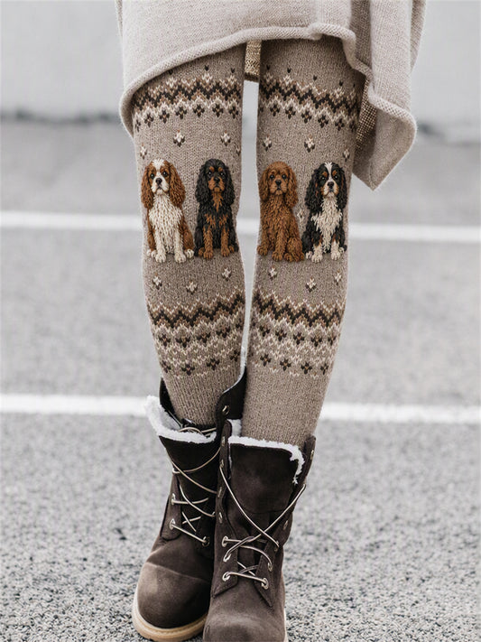 Women's Vintage Cavalier Dogs Isle Print Cozy Leggings