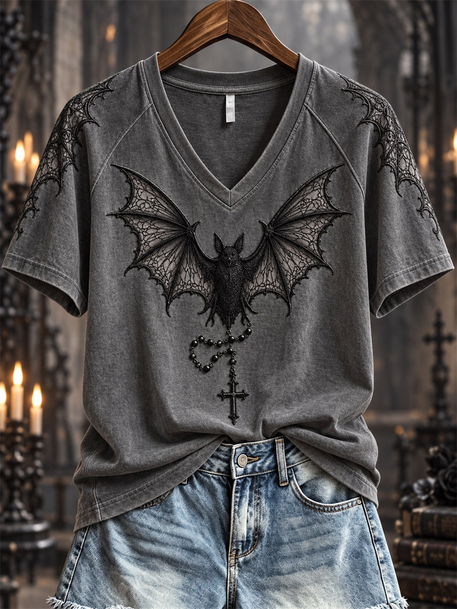 Women's Halloween Gothic Lace Bat & Cross Pendant Print short-sleeved T-shirt