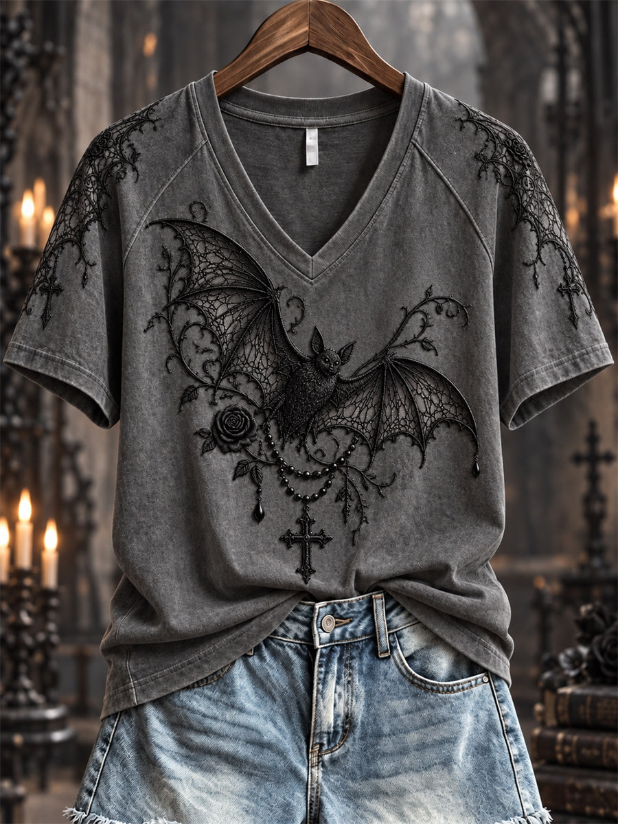 Women's Halloween Gothic Lace Bat & Cross Pendant Print short-sleeved T-shirt