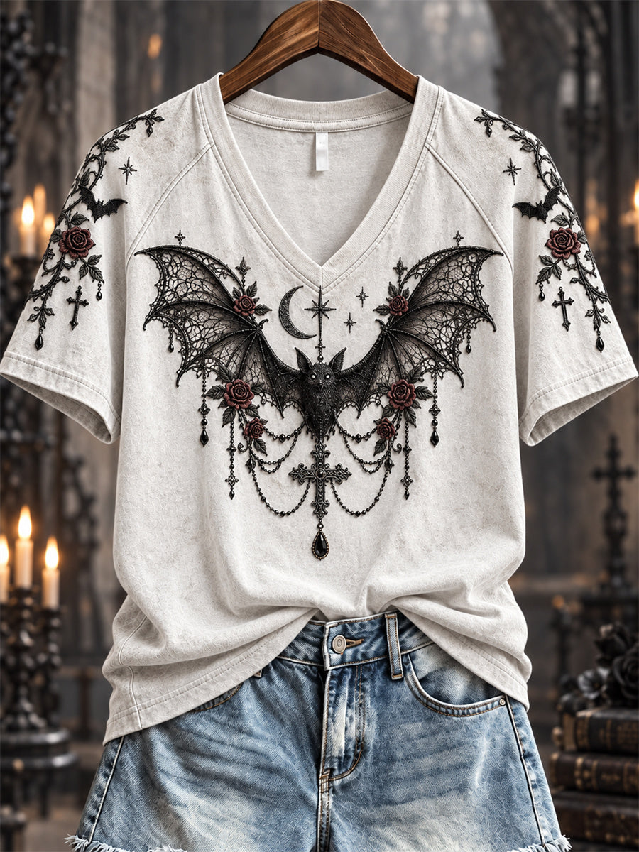 Women's Halloween Gothic Lace Bat & Cross Pendant Print short-sleeved T-shirt
