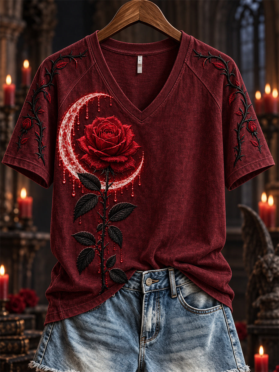 Women's Halloween Gothic Bloody Rose & Thorns Crescent Print short-sleeved T-shirt