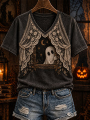 Women's Halloween Gothic-style lace and Boo pattern print casual short-sleeve T-shirt.