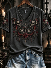 Women's Vintage Gothic Skull Butterfly Print V-neck Short-sleeved T-shirt