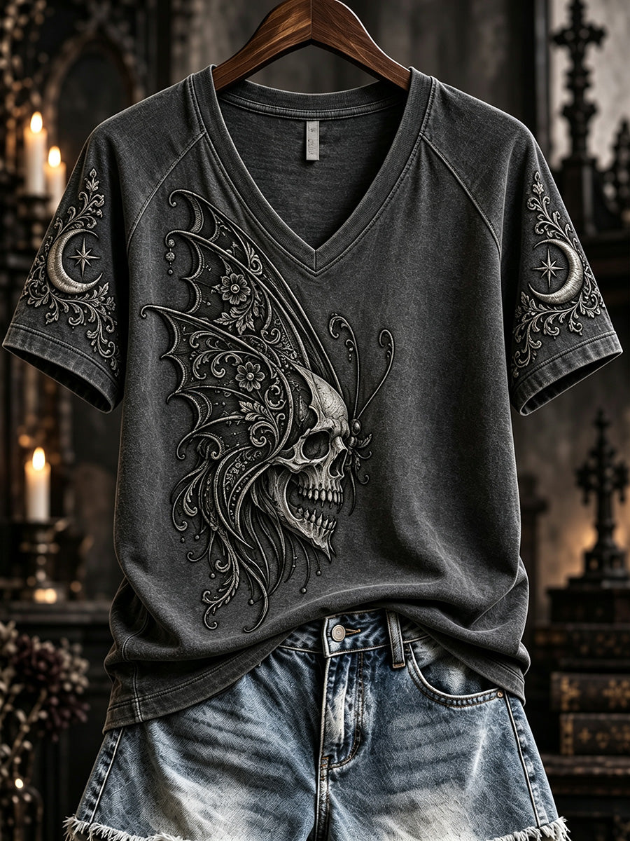 Women's Vintage Gothic Skull Butterfly Print V-neck Short-sleeved T-shirt