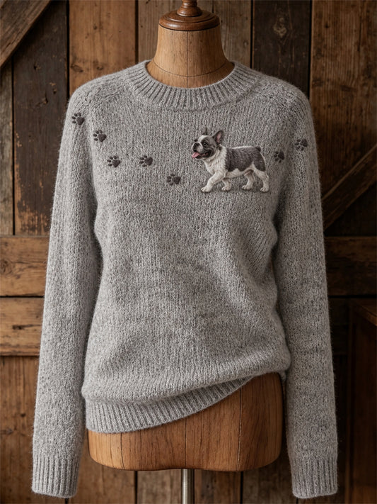Women's Lovely French Bulldog Walking & Paw Prints Print crew neck sweater