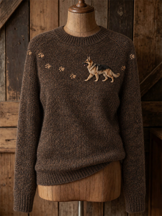 Women's Lovely German Shepherd Dog Walking & Paw Prints Print crew neck sweater