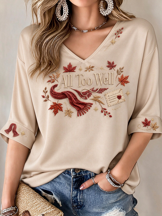 Women's Music Lover Printed Mid-length Sleeves V-Neck T-Shirt