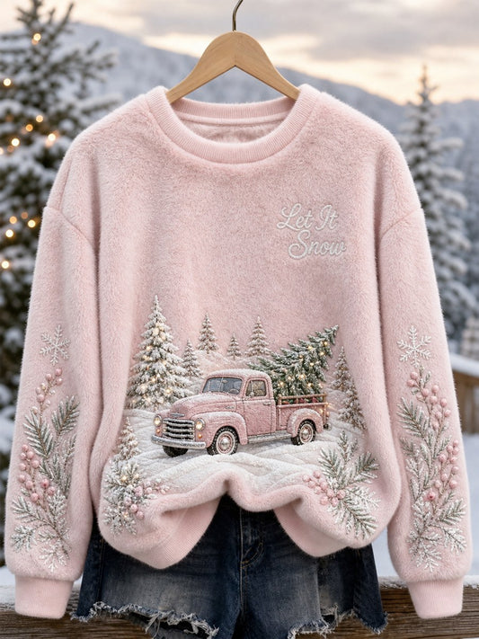 Women's Let Is Snowy Christmas Pink Truck Snowy Landscape Print Cozy Flannel Sweatshirt
