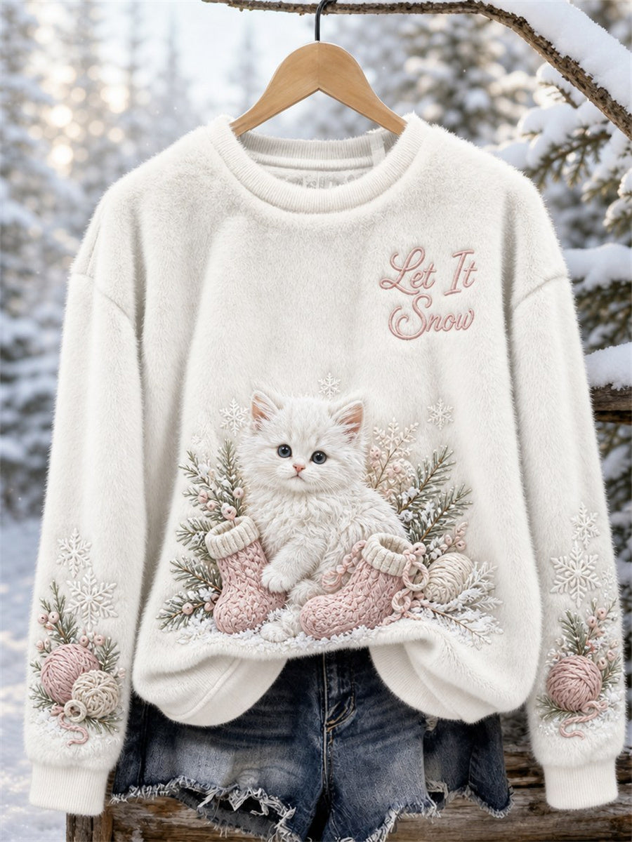 Women's Let Is Snowy Christmas Fuzzy White Cat Print Cozy Flannel Sweatshirt