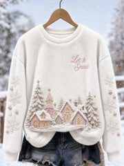 Women's Let Is Snowy Pink Christmas Snowy Town Landscape Print Cozy Flannel Sweatshirt