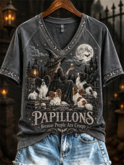 Women's s Papillons Because People Are Creepy Halloween Witch & Dogs Print short-sleeved T-shirt