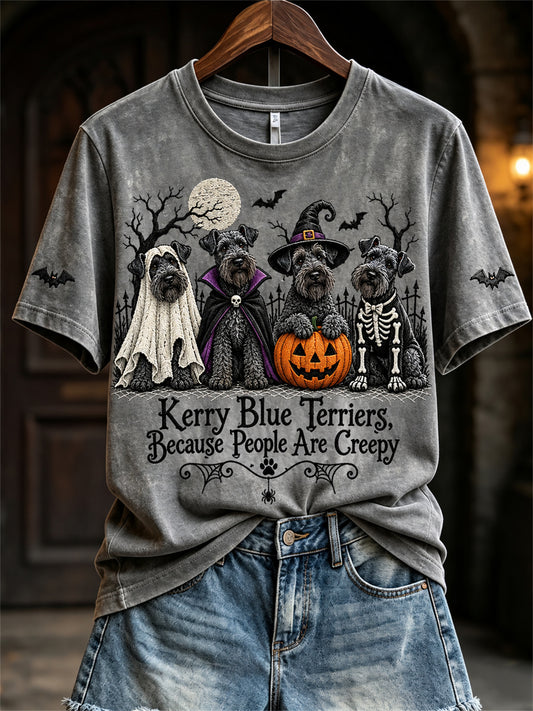 Women's Kerry Blue Terriers Because People Are Creepy Halloween Dogs Print short-sleeved T-shirt