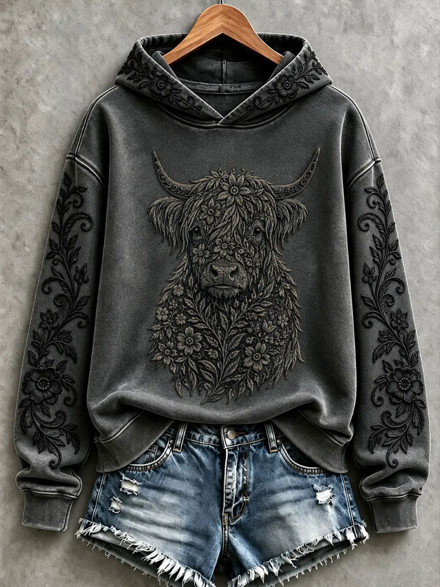 Women's Highland Cow Art Print Casual Hoodie