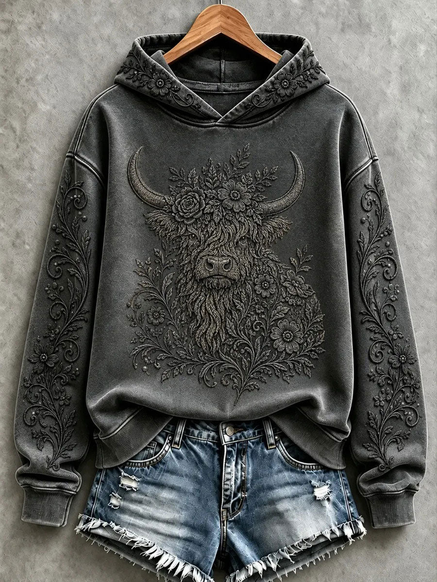 Women's Highland Cow Art Print Casual Hoodie