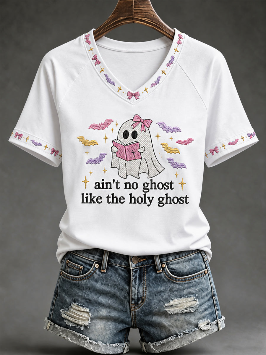 Women's Ain't No Ghost Like The Holy Ghost Christian Halloween Print Casual V-Neck Tee