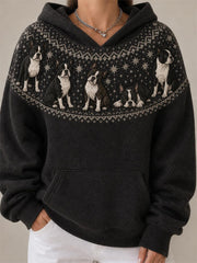 Women's Vintage Boston Terrier Dogs Yoke Isle Pattern Print Cozy Hoodie