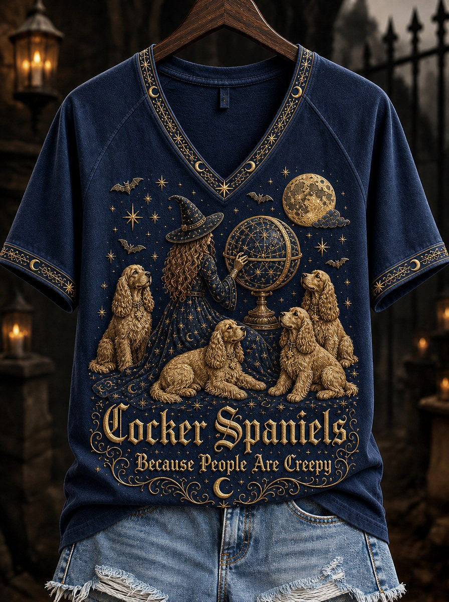 Women's Cocker Spaniels Because People Are Creepy Celestial Witch & Dogs Print short-sleeved T-shirt