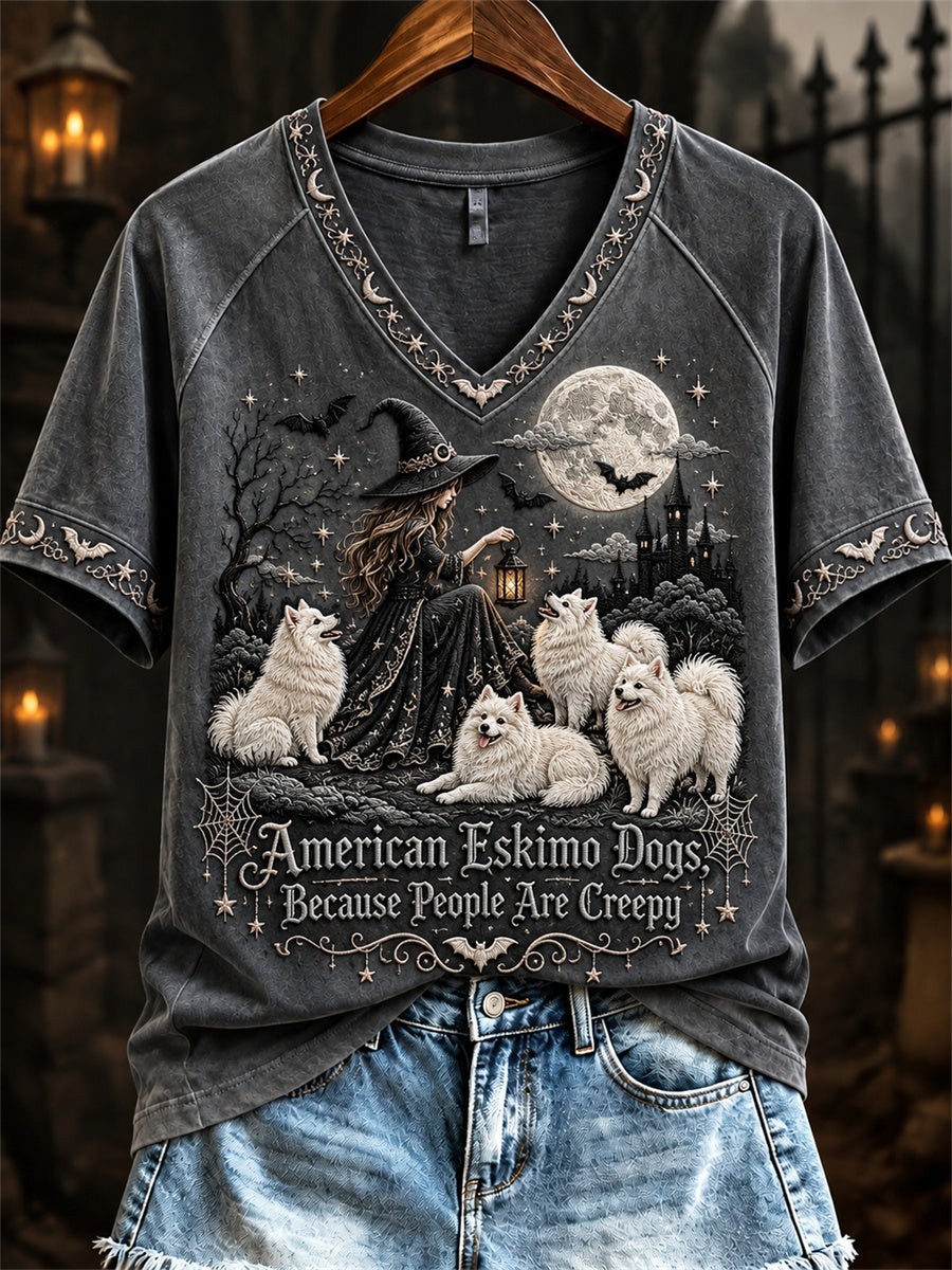 Women's American Eskimo Dogs Because People Are Creepy Halloween Witch & Dogs Print short-sleeved T-shirt