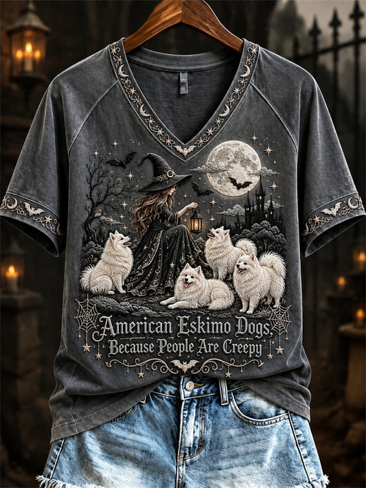 Women's American Eskimo Dogs Because People Are Creepy Halloween Witch & Dogs Print short-sleeved T-shirt