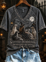 Women's Scottish Deerhounds Because People Are Creepy Halloween Witch & Dogs Print short-sleeved T-shirt
