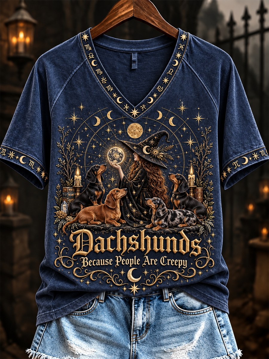 Women's Dachshunds Because People Are Creepy Celestial Witch & Dogs Print short-sleeved T-shirt