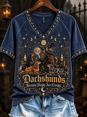 Women's Dachshunds Because People Are Creepy Celestial Witch & Dogs Print short-sleeved T-shirt