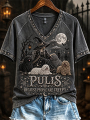 Women's Pulis Because People Are Creepy Halloween Witch & Dogs Print short-sleeved T-shirt