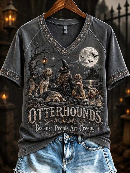Women's Otterhounds Because People Are Creepy Halloween Witch & Dogs Print short-sleeved T-shirt