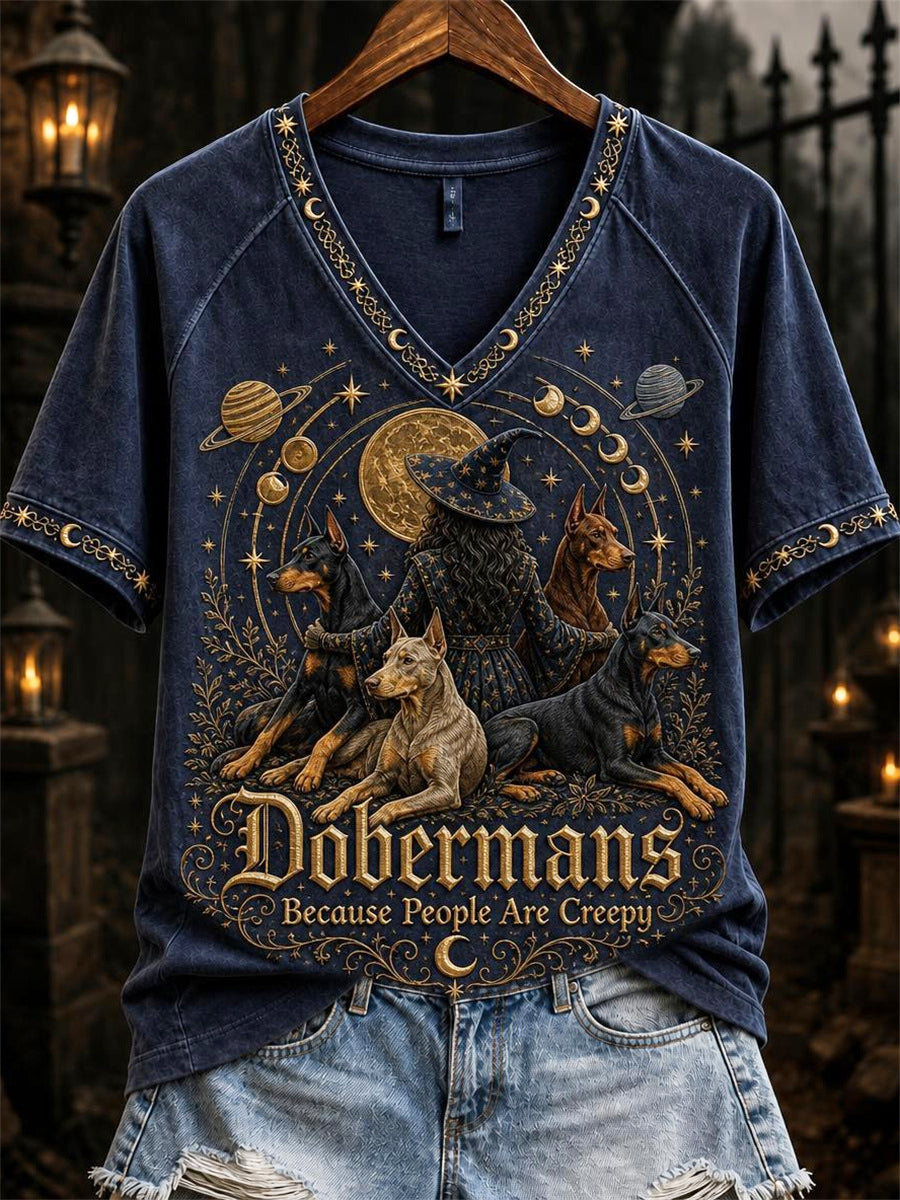 Women's Dobermans Because People Are Creepy Celestial Witch & Dogs Print short-sleeved T-shirt