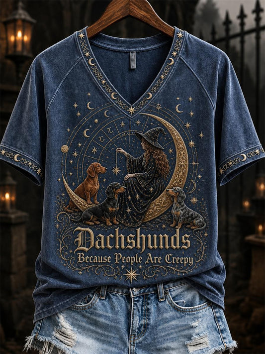 Women's Dachshunds Because People Are Creepy Celestial Witch & Dogs Print short-sleeved T-shirt
