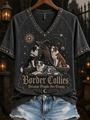 Women's Border Collies Because People Are Creepy Celestial Witch & Dogs Print short-sleeved T-shirt