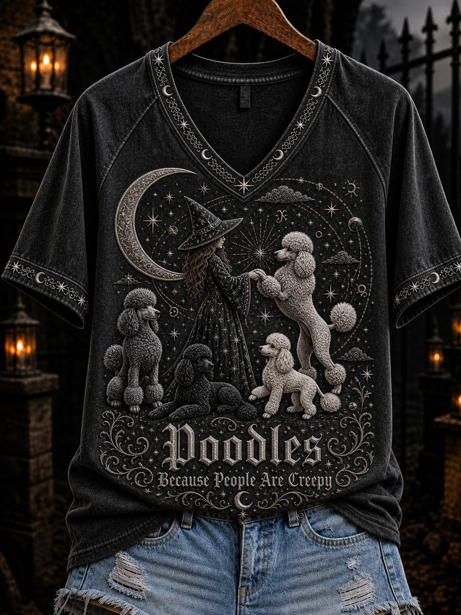 Women's Poodles Because People Are Creepy Celestial Witch & Dogs Print short-sleeved T-shirt
