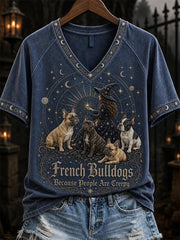 Women's French Bulldogs Because People Are Creepy Celestial Witch & Dogs Print short-sleeved T-shirt