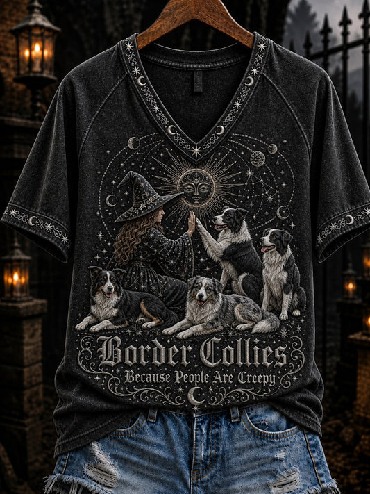 Women's Border Collies Because People Are Creepy Celestial Witch & Dogs Print short-sleeved T-shirt