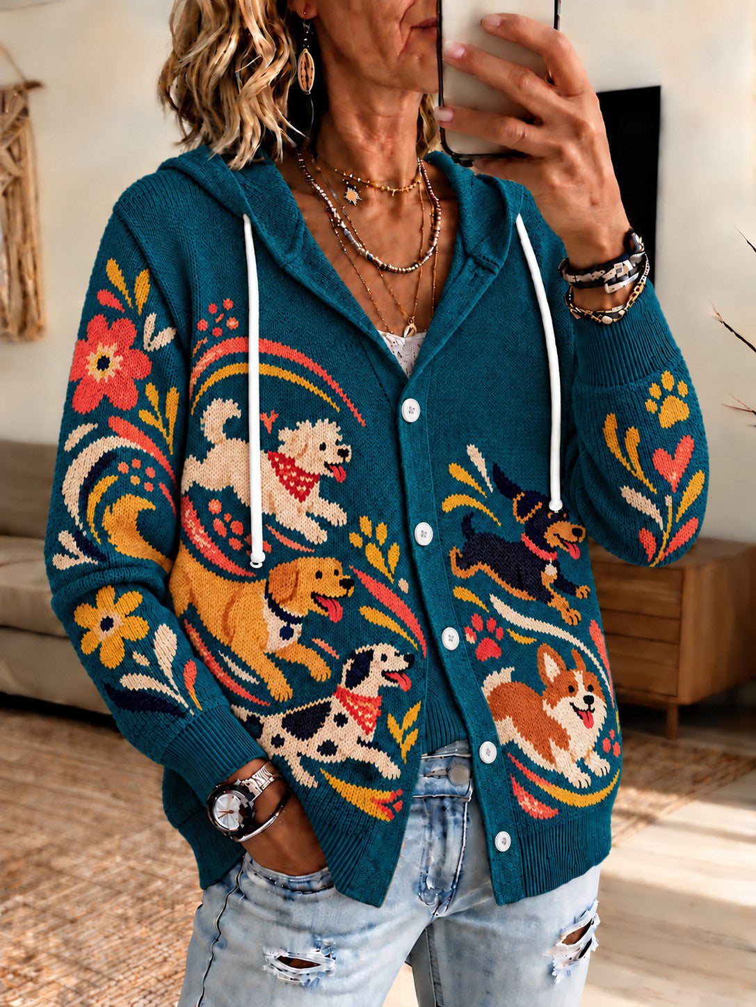 Women's Animal Dog Printed Knitted Coat