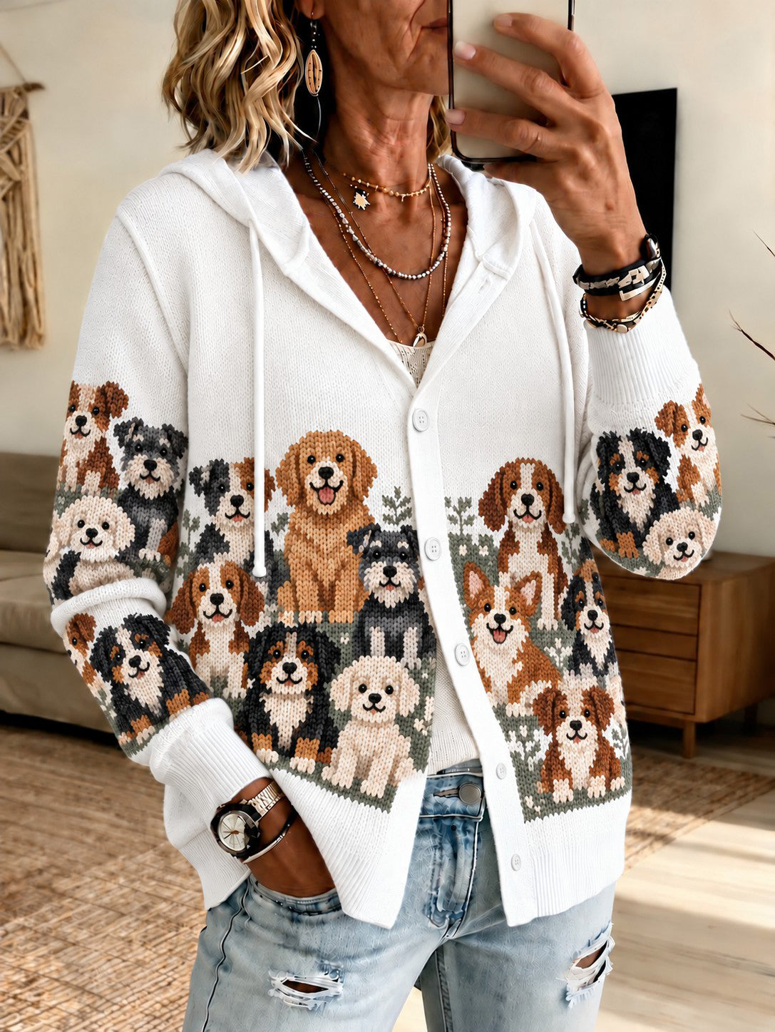 Women's Animal Dog Printed Knitted Coat
