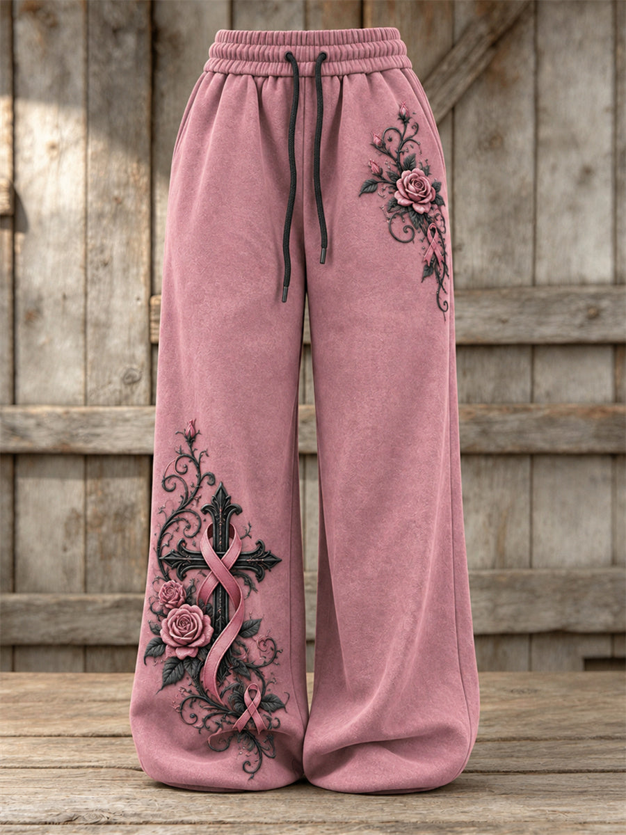 Women's Vintage Gothic Cross & Pink Ribbon Roses Floral Print Wide Leg Sweatpants
