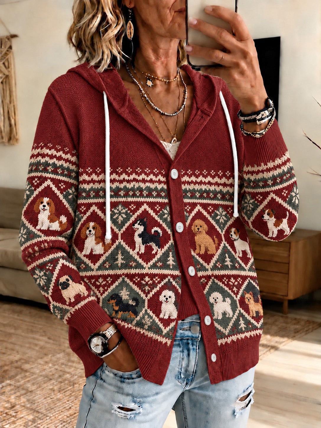 Women's Animal Dog Printed Knitted Coat