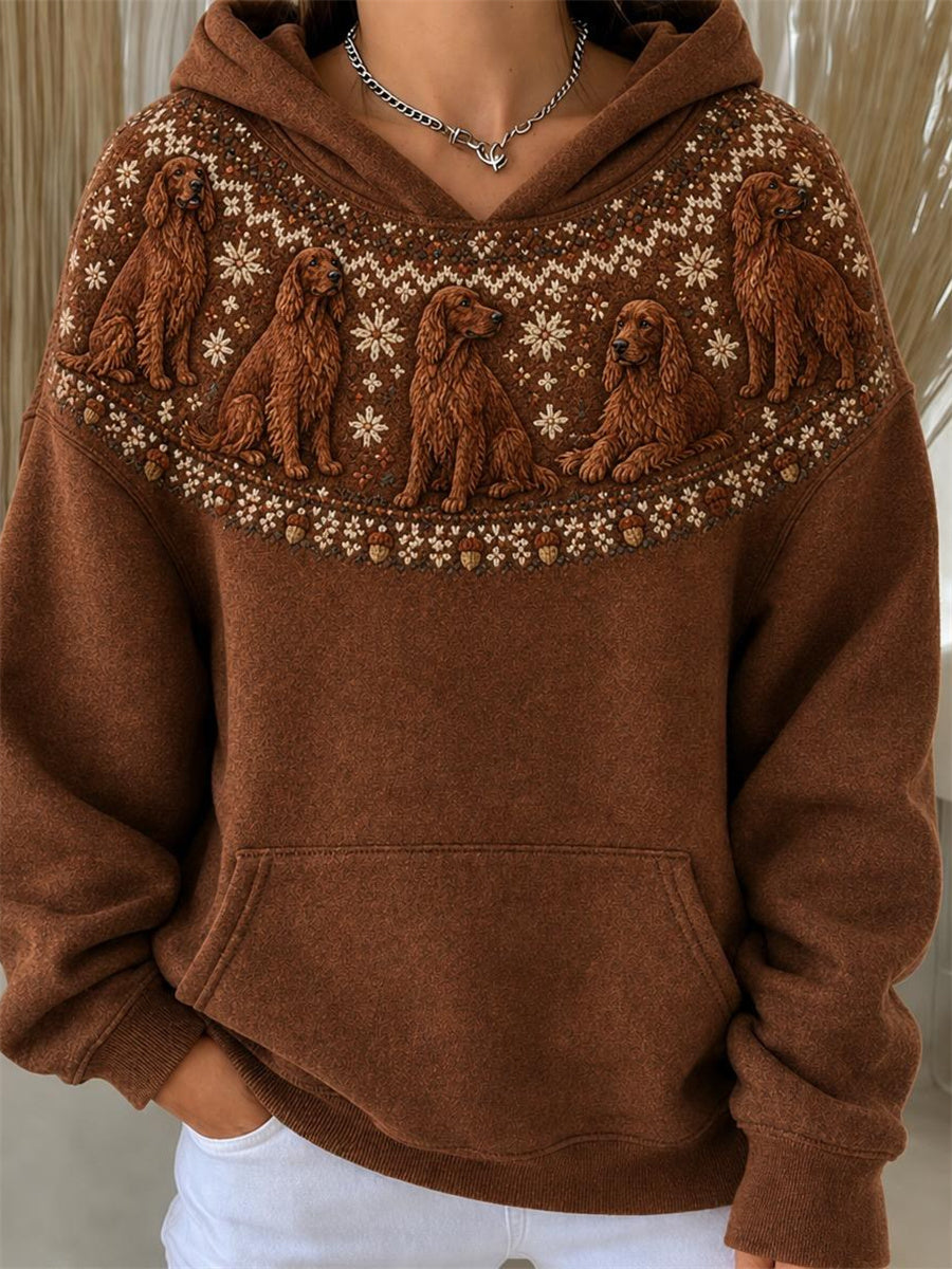 Women's Vintage Irish Setter Dogs Yoke Isle Pattern Print Hoodie