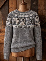 Women's Vintage Keeshond Dogs Yoke Isle Print crew neck sweater