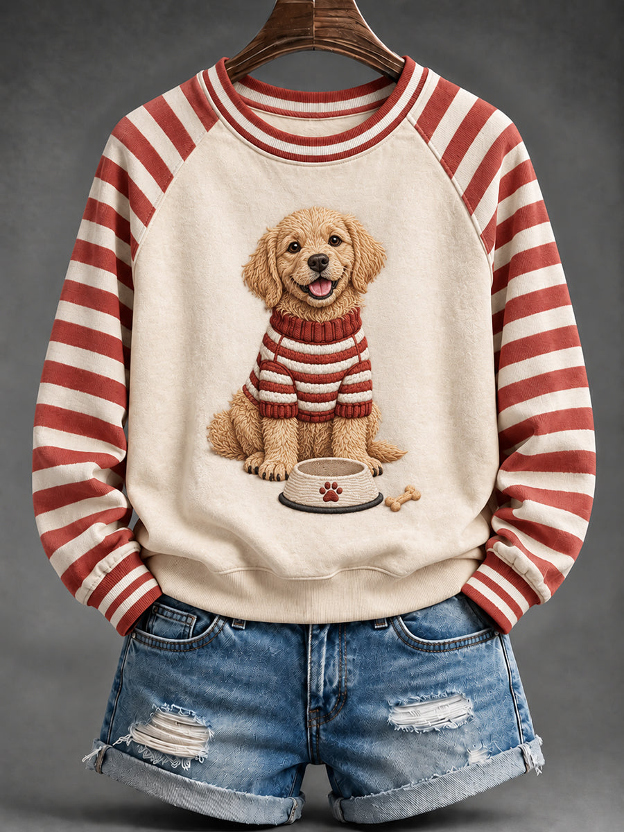 Women's Cute Golden Retriever Dog Print Striped Raglan Sleeve Sweatshirt