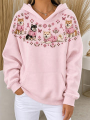 Women's Shiba Inu Dogs And Pink Charity Ribbon Pattern Design Casual Hoodie