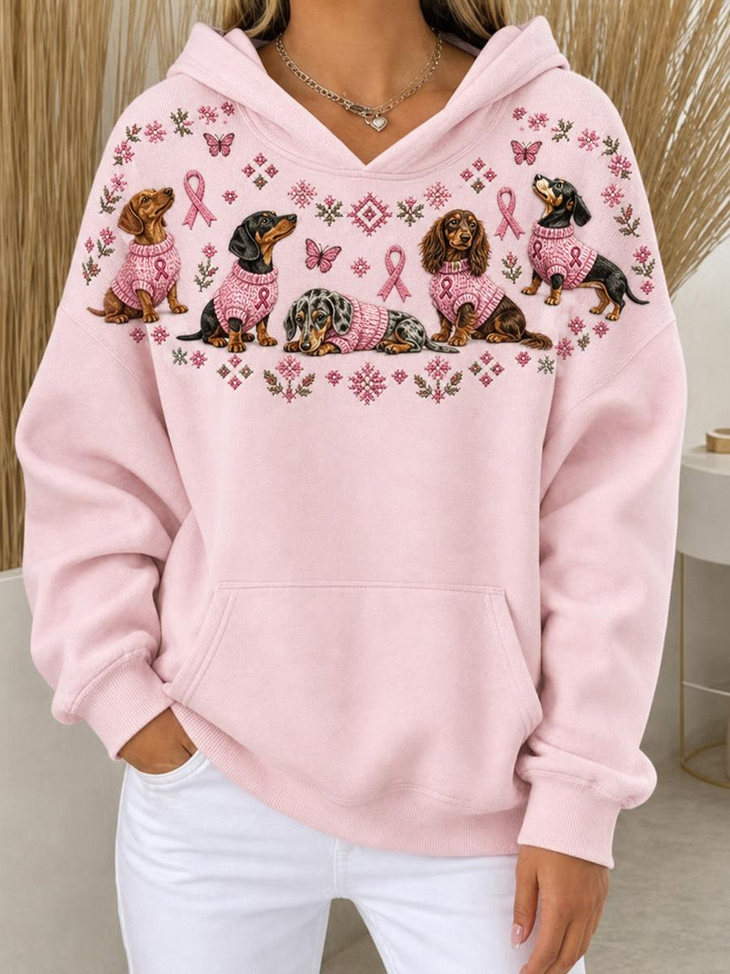 Women's Dalmatians And Pink Charity Ribbon Pattern Design Casual Hoodie