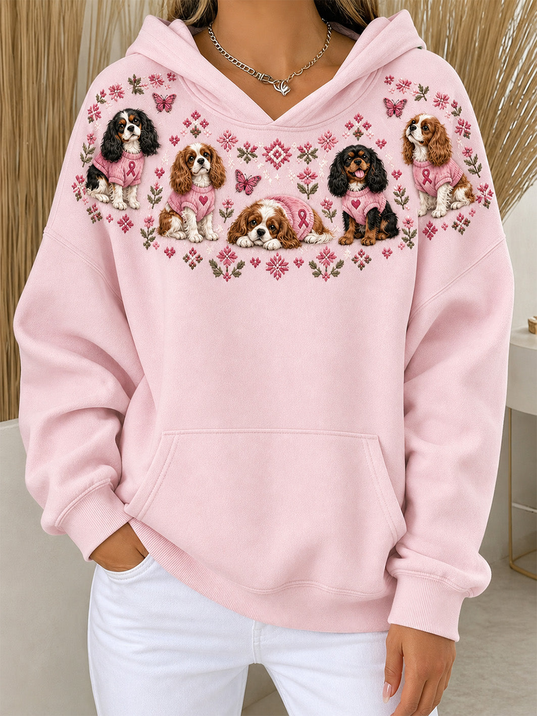 Women's Charles And Pink Charity Ribbon Pattern Design Casual Hoodie