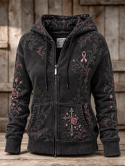Women's  Corss and Pink Charity Ribbon Pattern Design Casual Zip-Up Hoodie