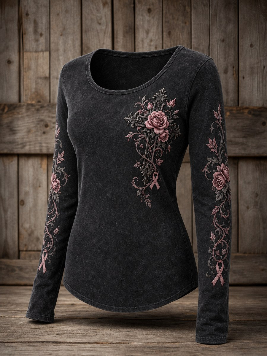 Women's Gothic Cross Pink Ribbon Roses Floral Print Round-Neck Long-Sleeve T-Shirt