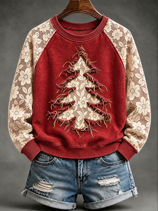 Women's Christmas tree print raglan sleeve sweatshirt