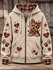 Women's Cute Patchwork Dog Print Zip-Up Hoodie